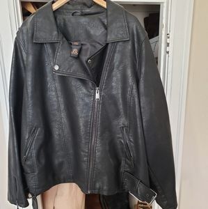 Leather-like moto jacket. Black. Silver-tone trim. Cloth lined. Size 4x.